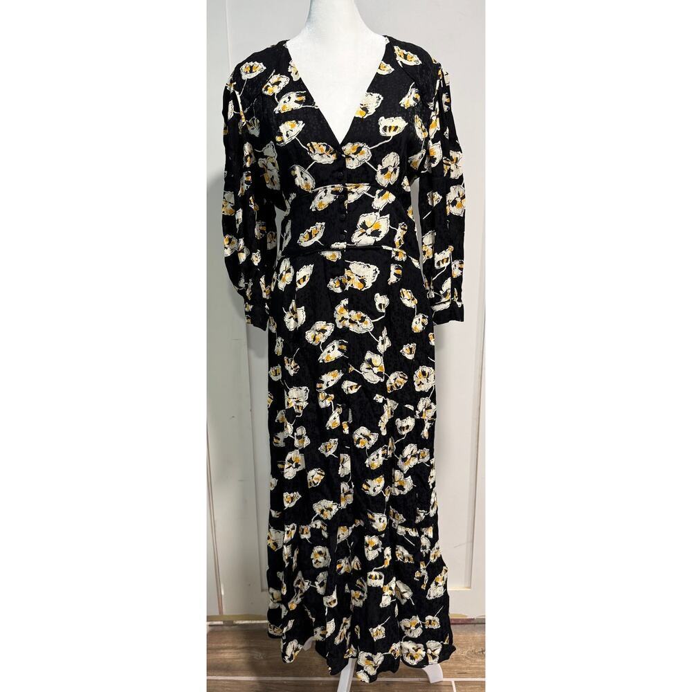 Ba&Sh Ullia Gathered Floral Print Satin Jacquard Midi Dress Buttons Size 2 - Picture 2 of 4